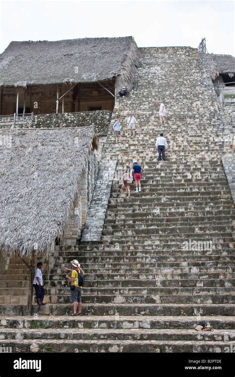 Tourists Climb The Pyramid Of Acropolis Structure At Ek Balam Ek Balam