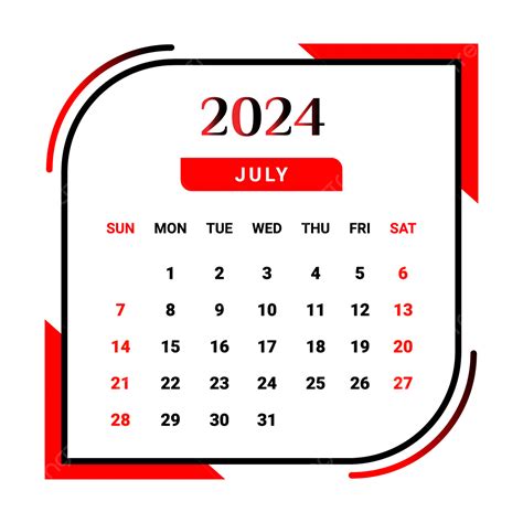 Calendario Del Mese Di Luglio 2024 Con Rosso E Nero Vettore Calendario