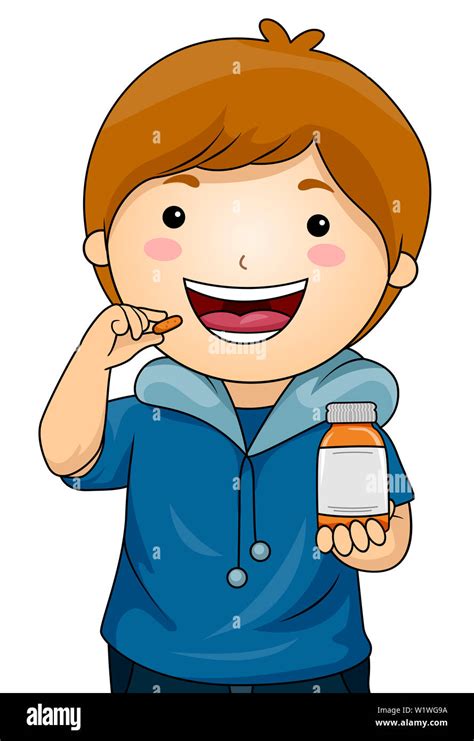 Illustration Of A Kid Boy Holding A Capsule And Medicine Bottle Stock