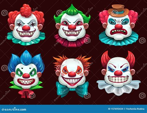 Creepy Clown Mouths Set Scary Smile With Jaws And Red Lips Cartoon