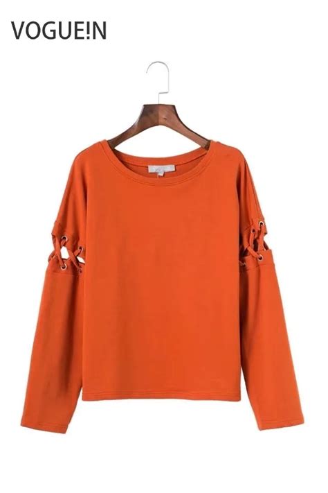 Voguein New Womens Fashion Casual Solid Orange Black Sweatshirts Long Sleeve Short Pullover Top