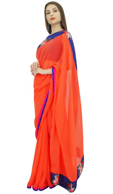 Atasi Indian Traditional Georgette Saree Womens Solid Orange Sari Wyg