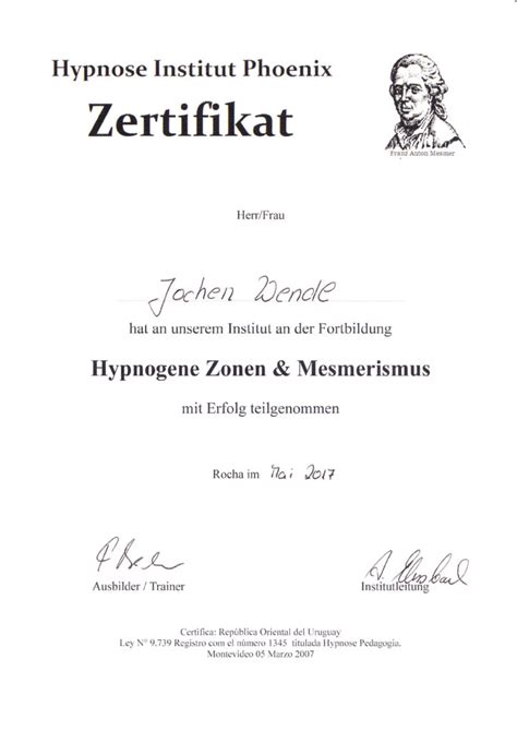 Zertifikat Hypnose Jochen Wendl Hypnogene Zonen Hypnose Jochen Wendl