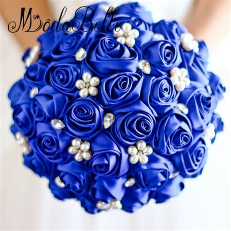 Royal Blue Wedding Bouquet Brooch Crystal Pearls Purplered Satin Rose