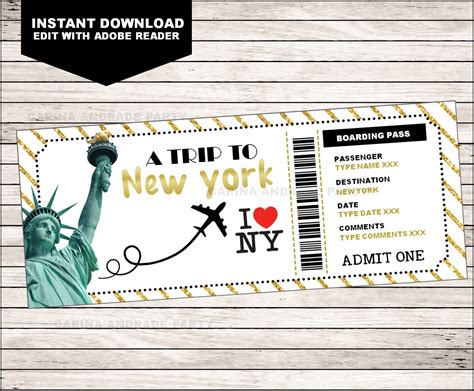 New York Boarding Pass Christmas T Printable Ticket Etsy Riset