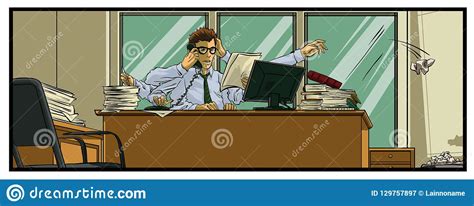 Very Busy With Pile Of Paper Works Cartoon Vector