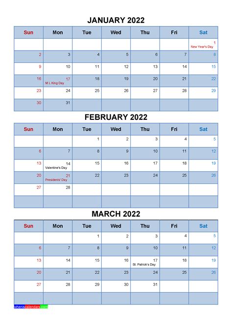 Free January February March 2022 Printable Calendar Template