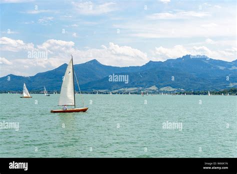 View On Lake Chiemsee With Boats Sailboats Alps Mountains Kampenwand