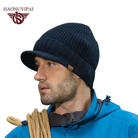 New Arrive Winter Men Knitted Hats Cotton Acrylic Brim Caps Outdoor Ski