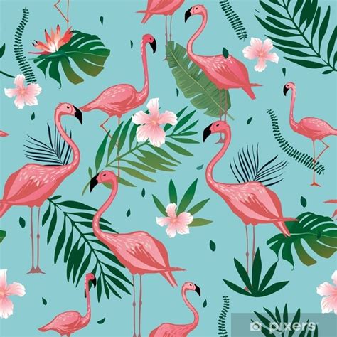 Poster Pink Flamingo Seamless Pattern With Tropical Leaves And Flowers