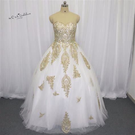 White Gold Gothic Wedding Dress Lace Ball Gown Bride