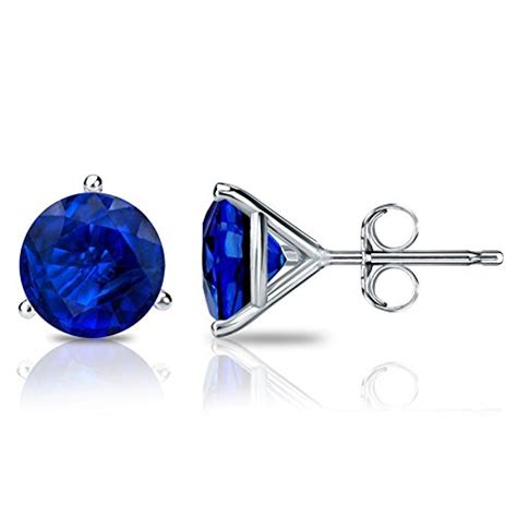 14k White Gold Plated 3 Prong Martini Round Blue Sapphire Stud Earrings