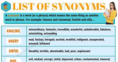 List Of Synonyms Useful Synonyms For 100 Frequently Used Words In