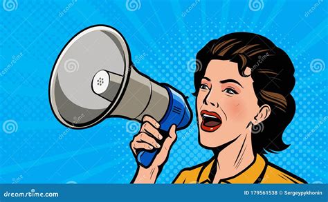 Woman Shouting Loudly Into Loudspeaker Retro Comic Pop Art Vector