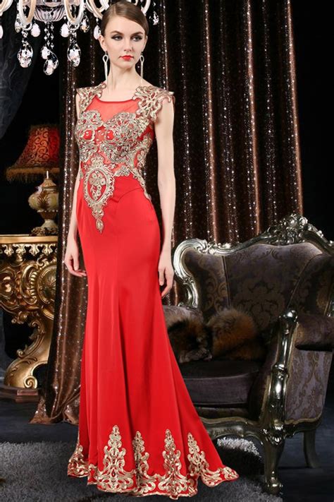 Mermaid Bateau Neck Long Red Satin Tulle Gold Embroidery Beaded Evening