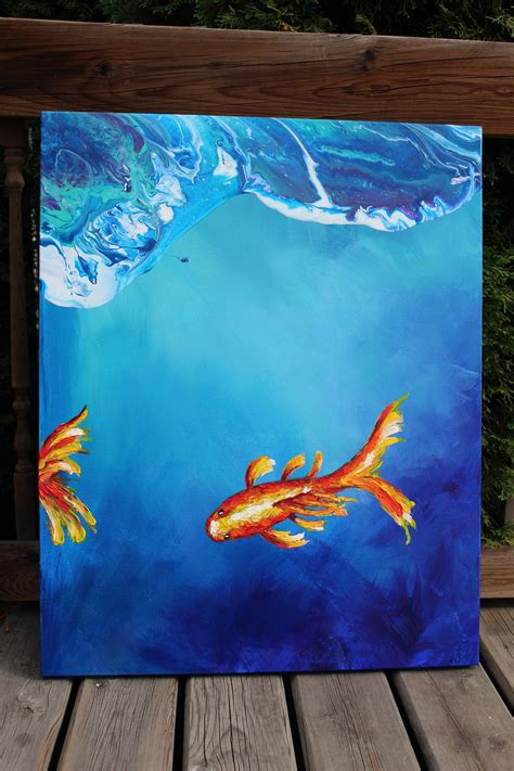 Mixed Media Colorful Koi Fish Painting Blue Underwater Orange Acrylic