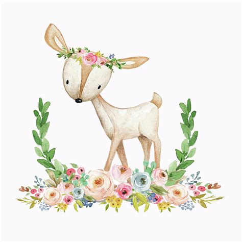 Boho Woodland Baby Nursery Deer Floral Watercolor Print