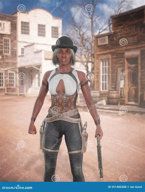 Black Woman Gunfighter Standing In Wild West Street With Two Holstered