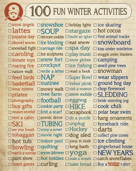 100 Fun Things To Do In Winter Fun Ideas Wintertime Checklist Fun