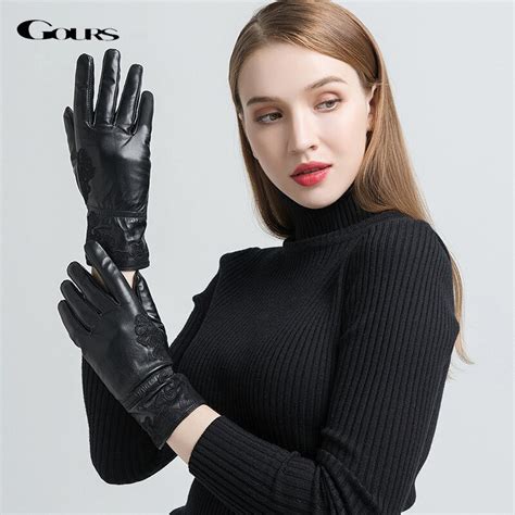 Gours Genuine Leather Gloves For Women Fashion Black Goatskin Gloves Wool Lining Warm In Winter