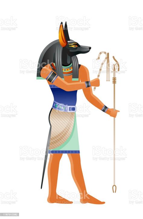 고대 이집트 신 아누비스 개 머리와 신 죽음의 하나님 미라 방부처리 사후 3d 만화 벡터 일러스트레이션입니다 이집트에서 오래 된