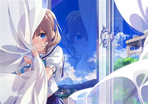 4k Free Download Anime Girl Curtain Wind Clouds Blue Eyes School