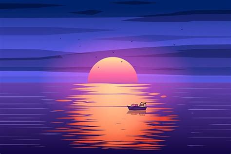 Fishing Boat Sunset Vector Ocean Illustration Boat Illustration