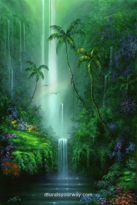 Fantasy Waterfall Landscape Mural Jungle Mural Waterfall Paintings