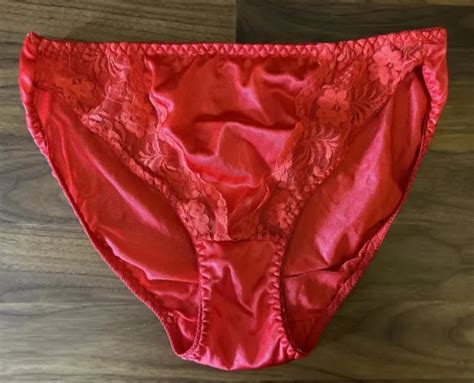Vintage Satiny Bikini Panties Red Shiny Nylon Frilly Lace Trim Sissy