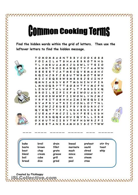 Common Cooking Terms Worksheets For Kids School Worksheets Hidden Words