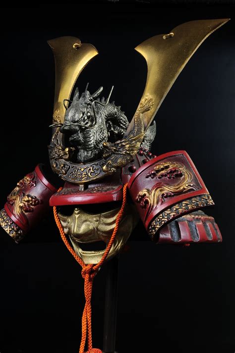japanese samurai kabuto helmet dragon red helmet with a mask samurai warrior samurai art