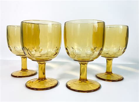 Vintage Set Of 4 Large Amber Water Glasses Heavy Goblets By Bartlett Collins Retro Dining