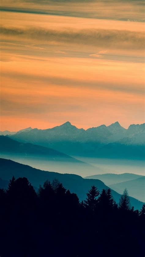 Blue Mountains Orange Clouds Sunset Landscape Iphone