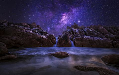 Western Australia Night Ocean Rock Stones Milky Way Sky