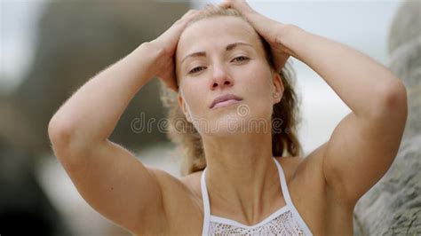 girl poses for the camera happy girl on summer vacation at the beach stock footage video of