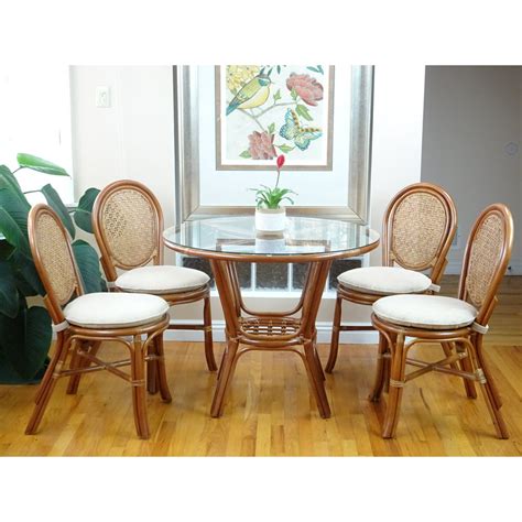 5 Pc Rattan Wicker Dining Set Round Table Glass Top And 4 Denver Side