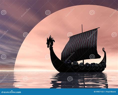 Viking Ship Sailing Drakkar With A Dragons Head Warship Of The
