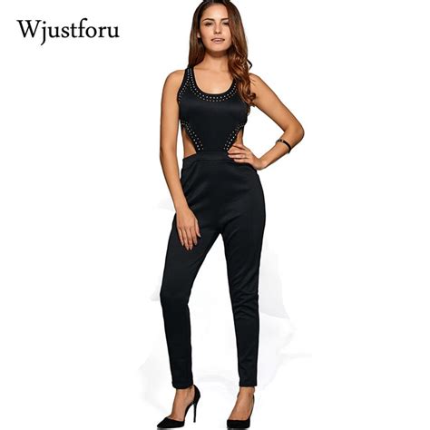Wjustforu Sexy Sequined Jumpsuit 2017 Zipper Hollow Out Overalls Causal