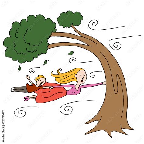 Windy Day Mother And Child Holding Onto A Tree Stock Vector Adobe Stock