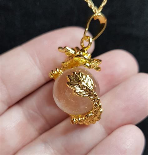 Golden Chinese Dragon Pendant Necklace With Clear Quartz Crystal Sphere