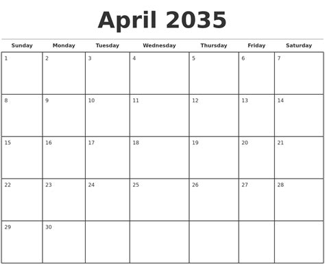 April 2035 Monthly Calendar Template