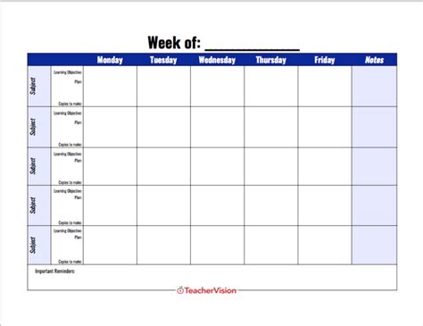 printable weekly lesson plan template
