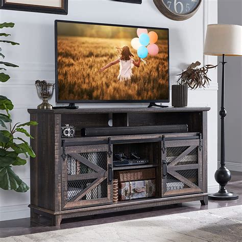 OKD Farmhouse Wood TV Stand With Sliding Barn Door For 65 Inch TV