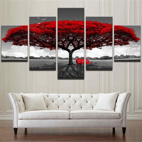 No Frame 5 Panels Big Size Canvas Print Pictures Modern Red Tree