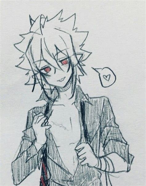 A Drawing Of An Anime Character With Red Eyes And A Jacket Over His