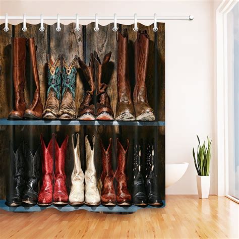 For a larger project, try one of the shabby chic bathrooms that repurposes an old table or dresser into a beautiful sink vanity. Cowboy Boots Rustic Wood Plank Decor Shower Curtain for ...