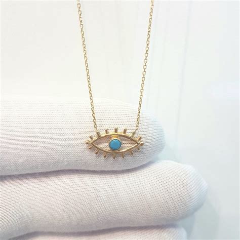14K Real Solid Gold Turquoise Evil Eye Necklace For Women