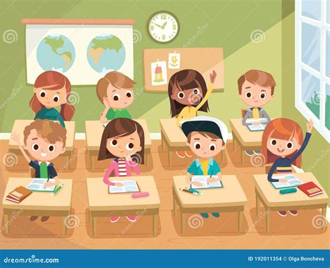 Teacher With Pupils In A Classroom Pupils Attend Classes Raising Hands Listen To Teacher