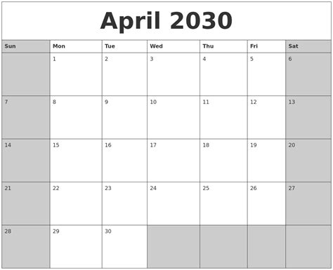 April 2030 Calanders