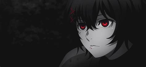 An Anime Character With Red Eyes And Black Hair Staring At Something